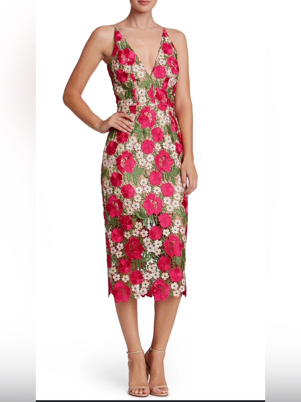 Xscape Floral Embroidered Dress in Hot Pink and Green
